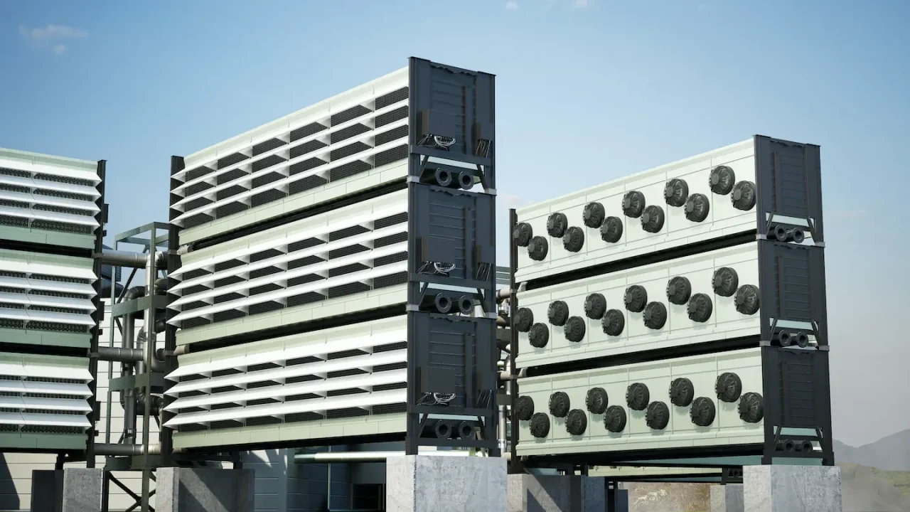 Climeworks Mammoth’s CO₂ collector containers – three of them stacked onto one foundation.