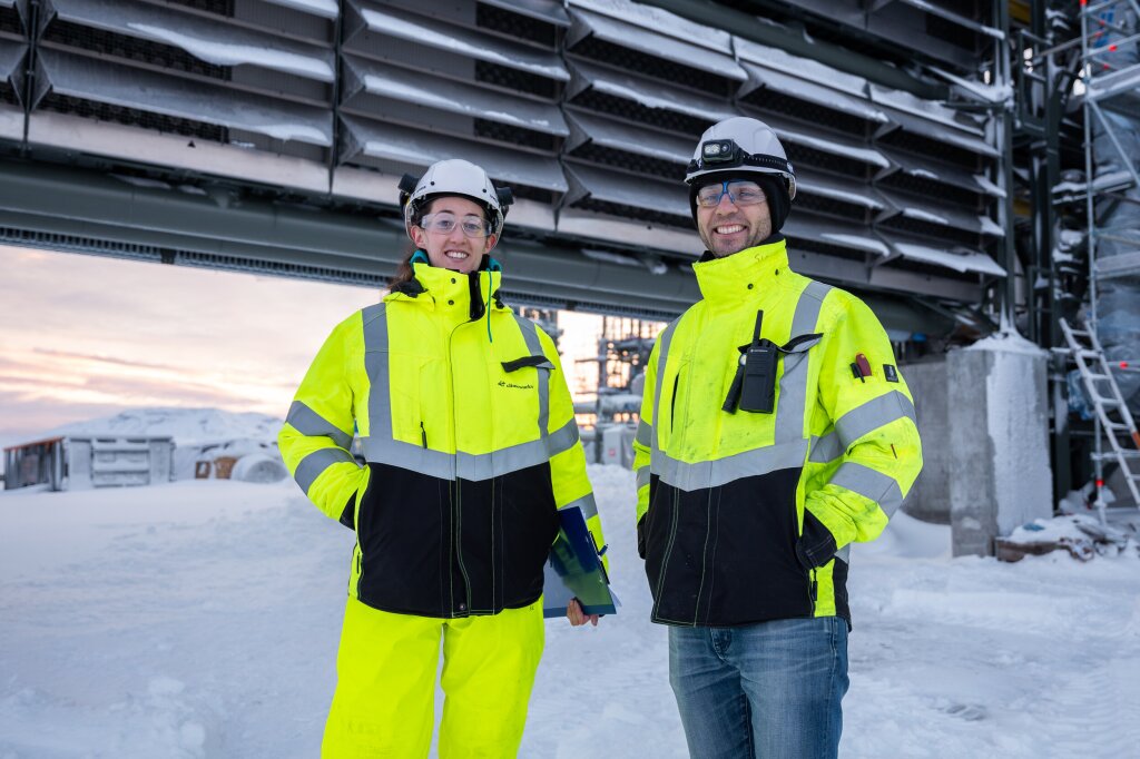 Climeworkers pictured in front of Climeworks' Mammoth plant in Iceland