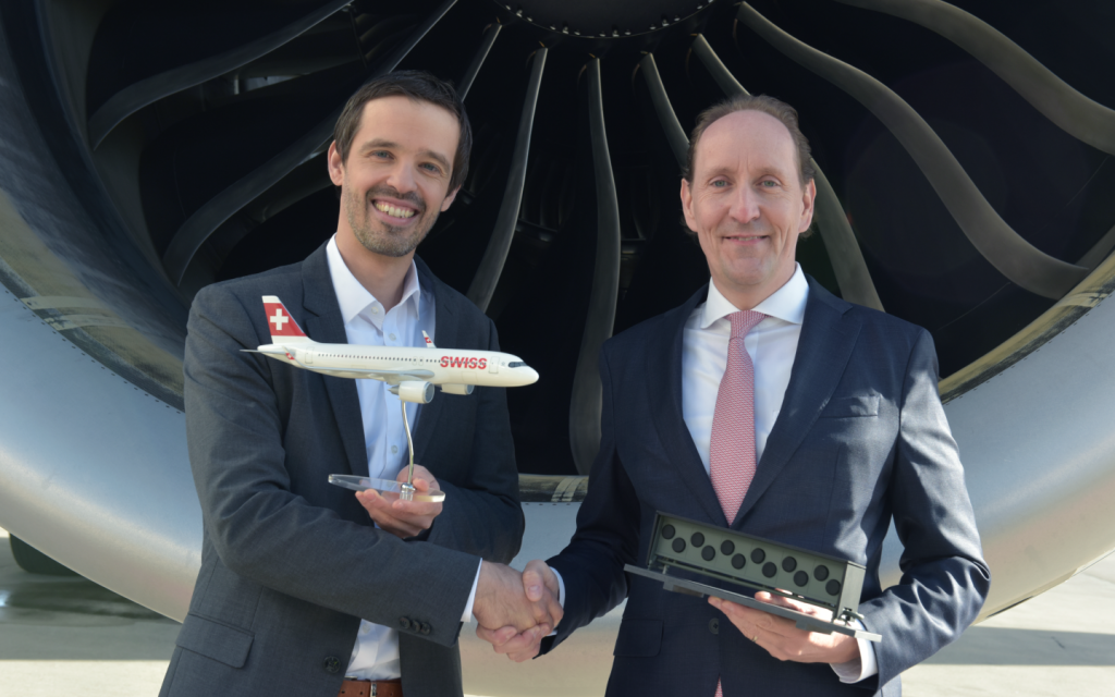 Jan Wurzbacher, co-founder and co-CEO of Climeworks, and Dieter Vranckx, CEO of SWISS, at Zurich Airport in February 2024.