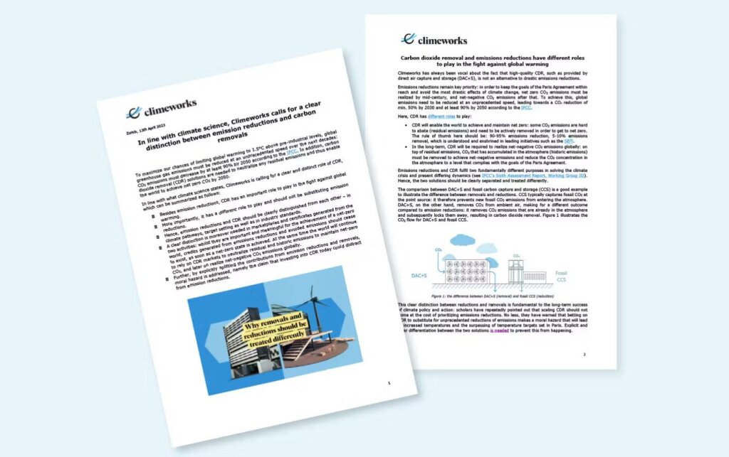 Climeworks' calls for a clear distinction between emissions reductions and carbon removals
